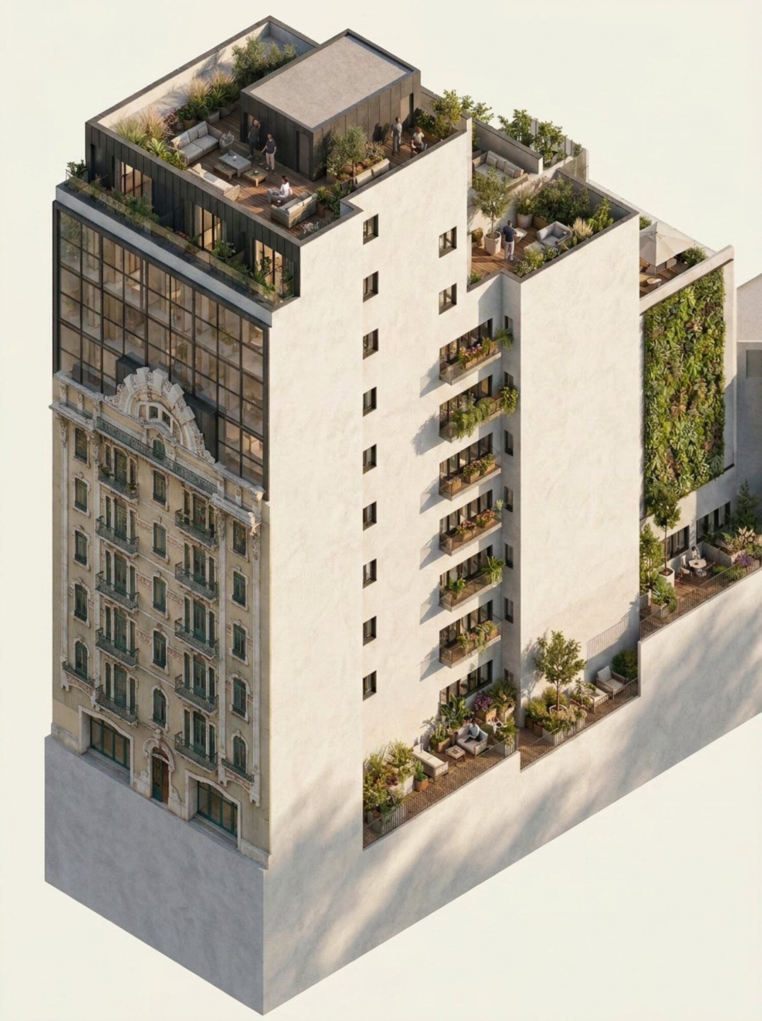 CR14 building — heritage façade with modern extension, planted balconies and rooftop garden